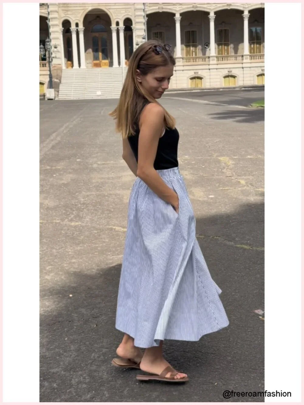 Midi Skirt A-Line Cotton Flowy Elastic Waist with Pockets Summer Casual